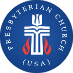 PCUSA logo blue, white and red cross with flames
